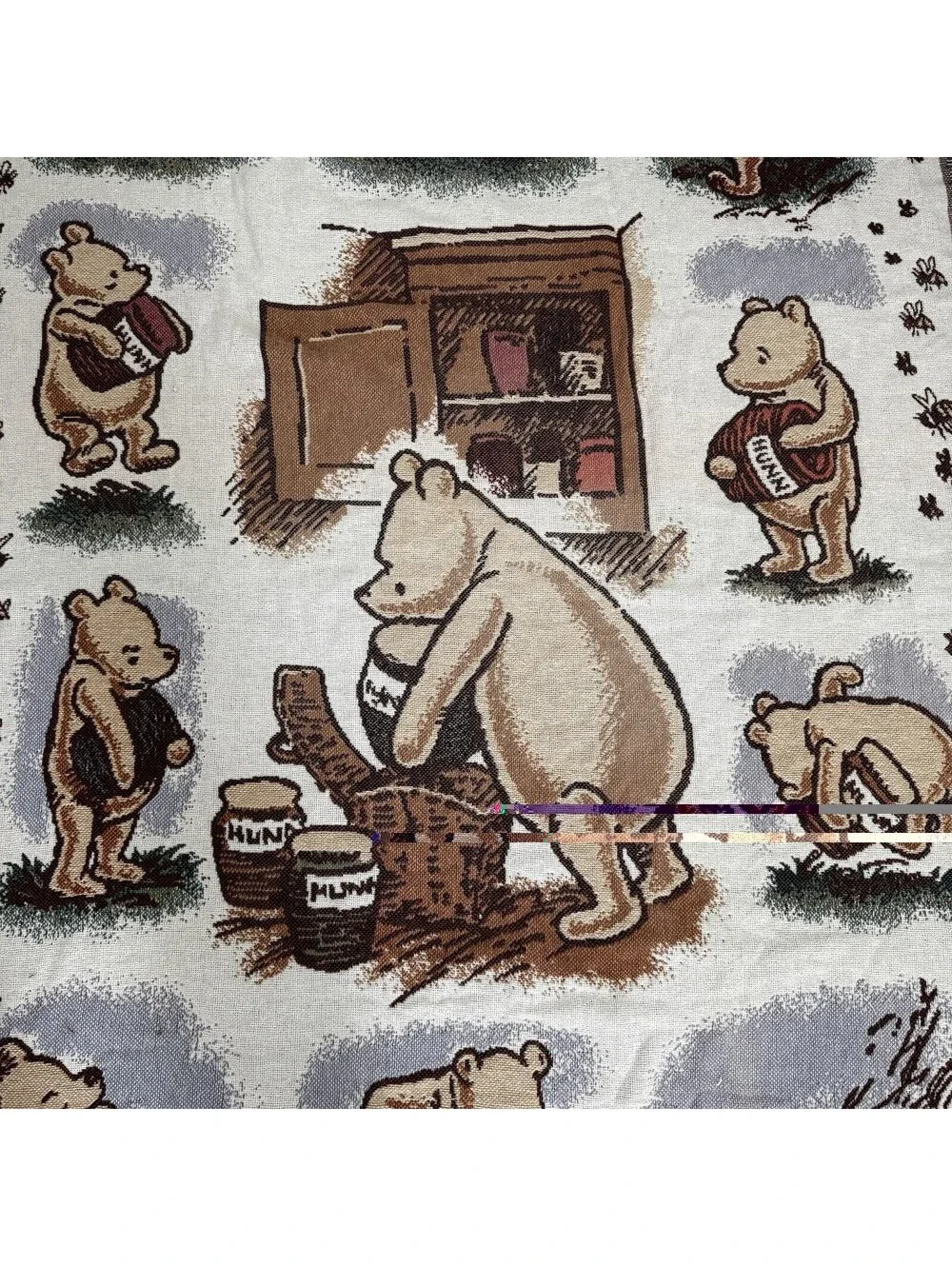 VTG Disney Classic Pooh Woven Tapestry Fringe Blanket Winnie the Pooh Hunny Pots